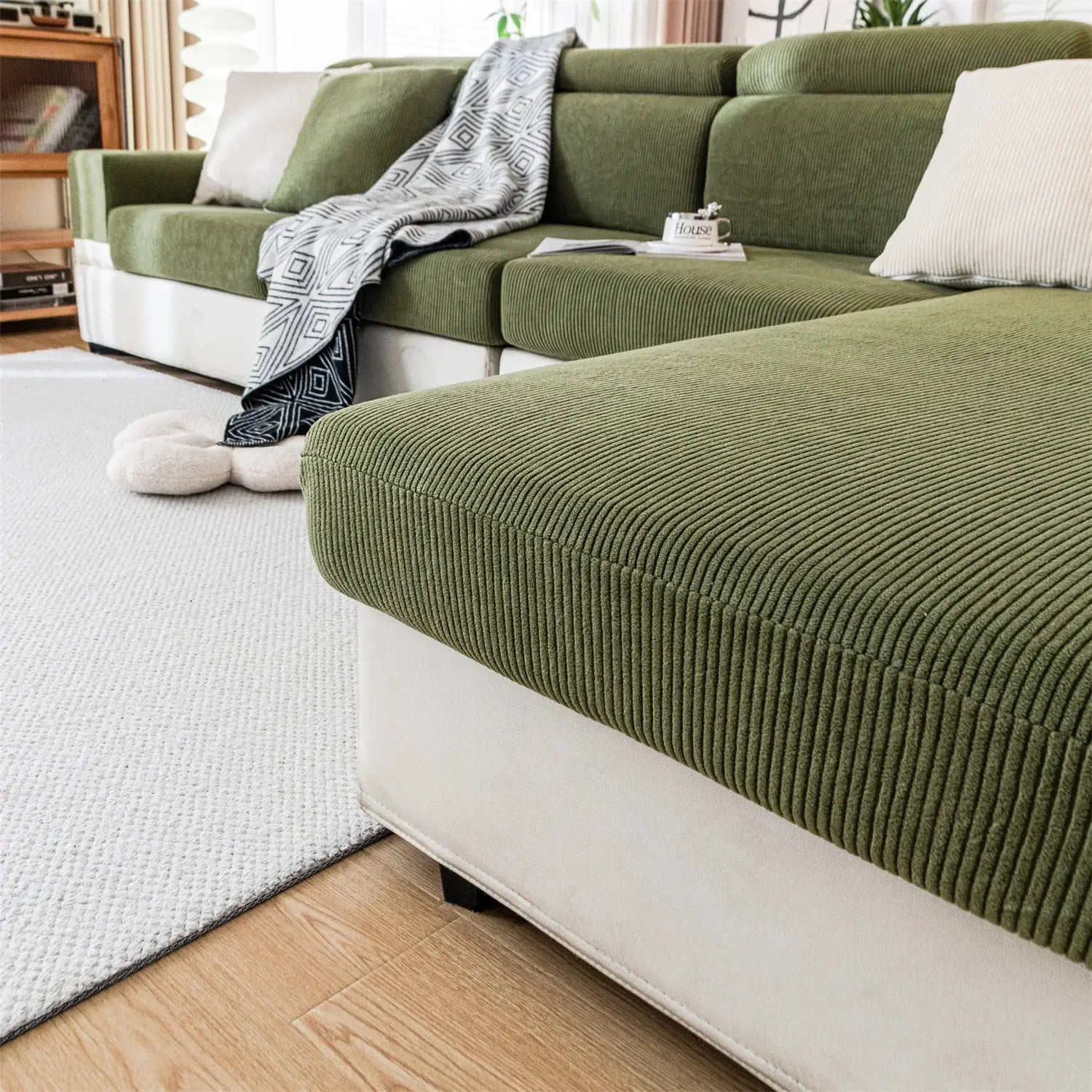 Sofa seat cushion cover olive green stripe jacquard, stretch, removable by Simples Market