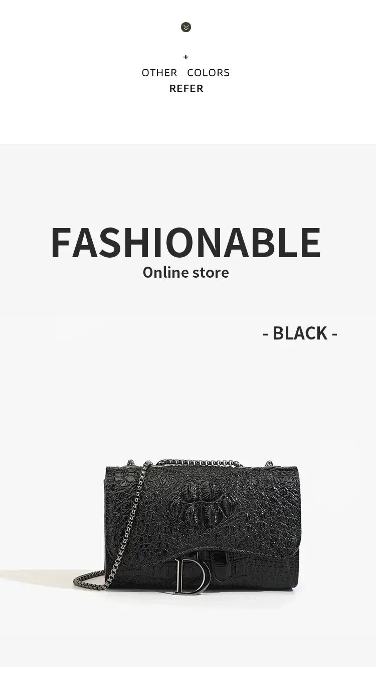 Crossbody bag in black crocodile-embossed leather with a silver chain strap