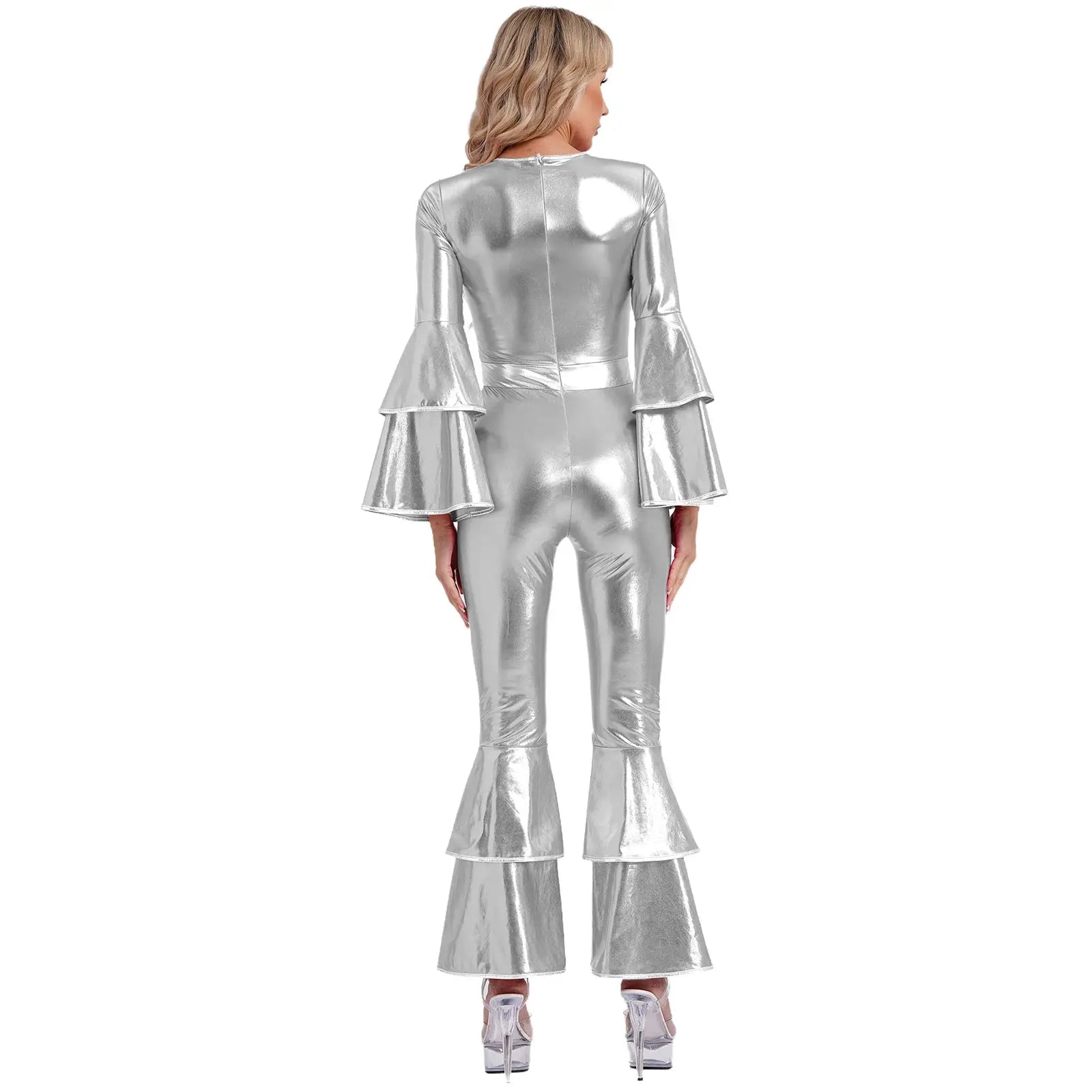 Womens metallic silver 70s disco jumpsuit with bell flare sleeves and flared pants
