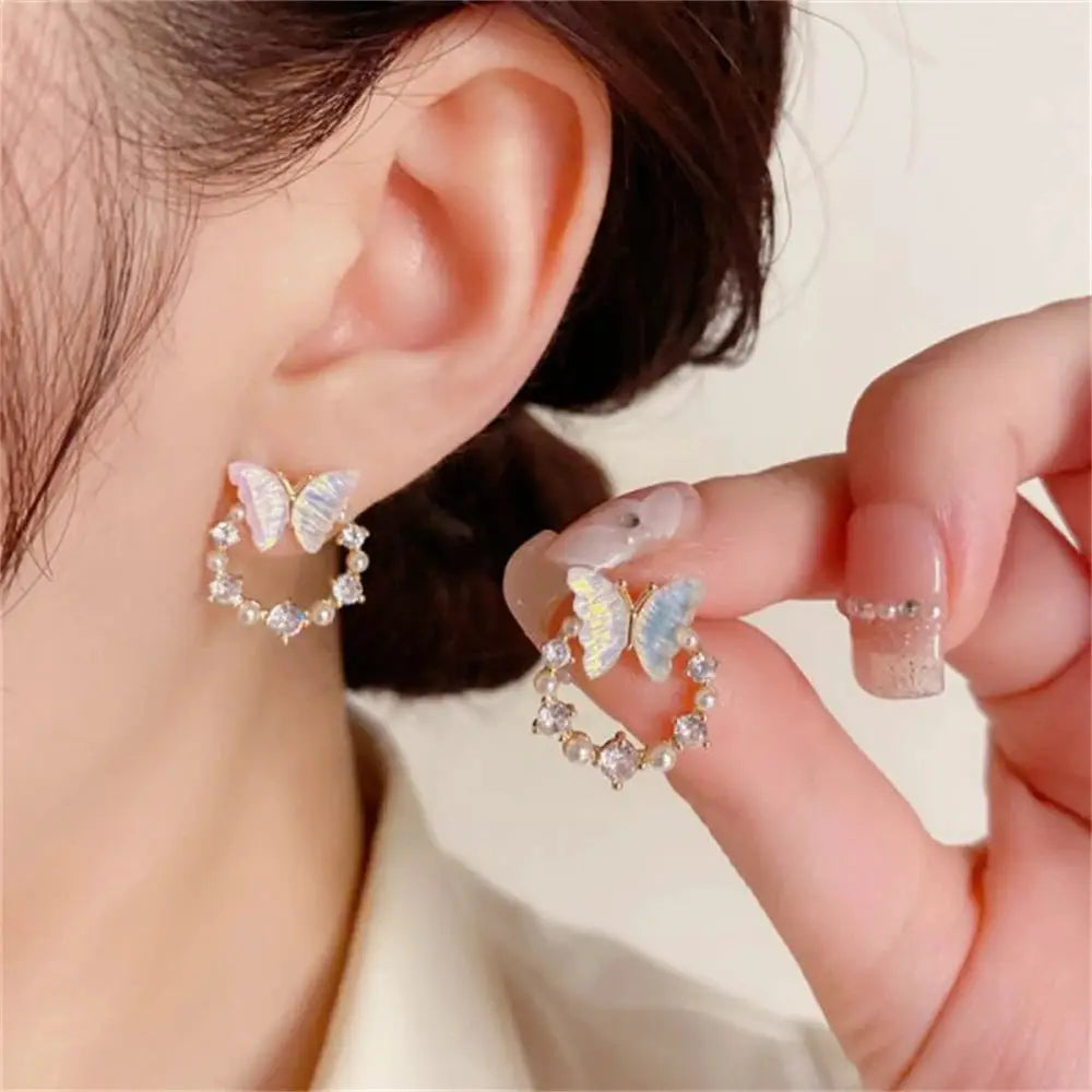 Korean Exquisite Moon Planet Butterfly Earrings with pastel iridescent butterfly charms on crystal-studded hoops