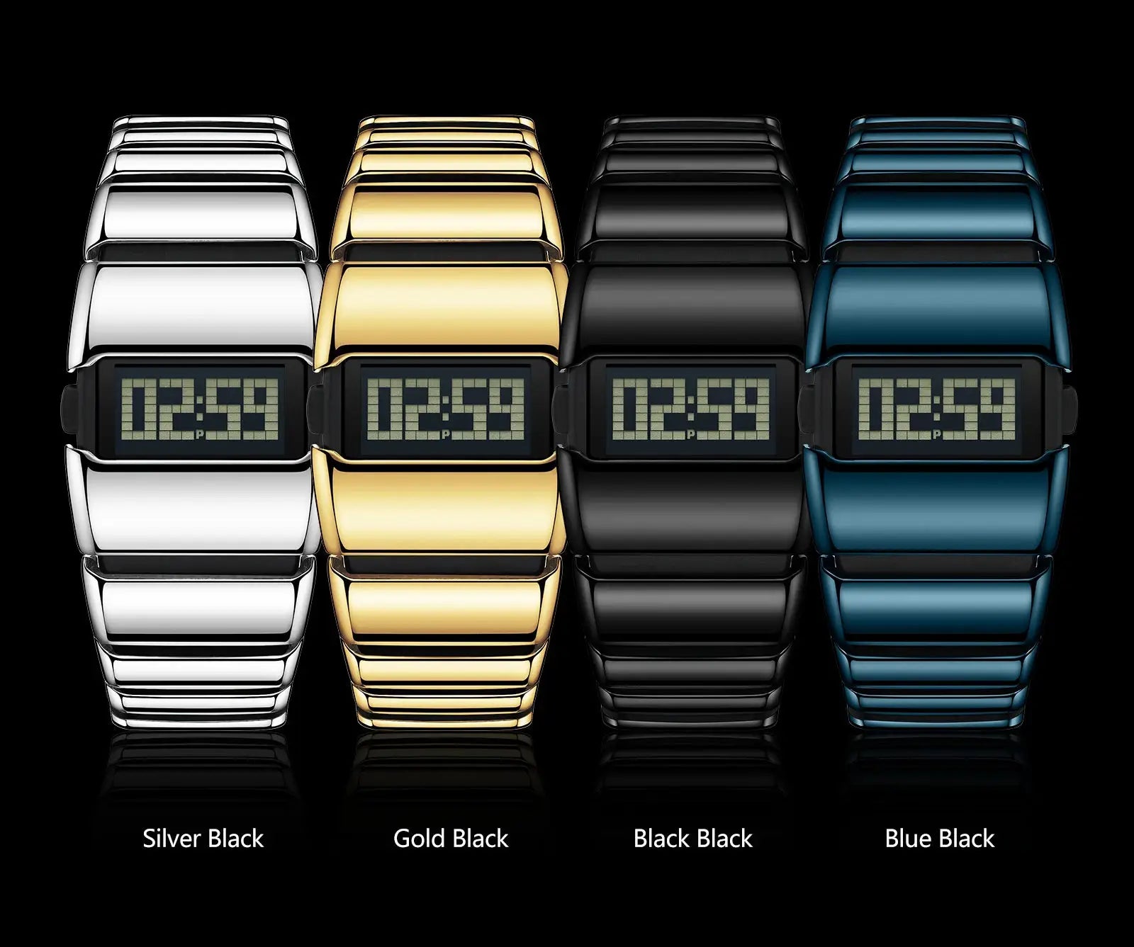 POEDAGAR LED digital men's watch set; stainless steel bands in Silver Black, Gold Black, Black Black, Blue Black (4 watches)
