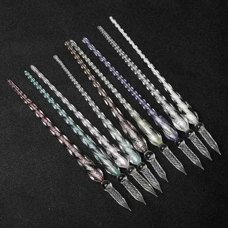 Crystal glass dip pen set with colorful twisted crystal handles, 12 pens by Simples Market