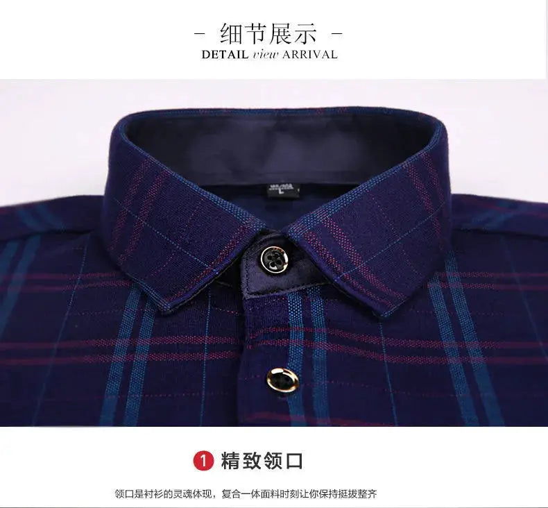 Men's navy plaid flannel shirt with red and teal checks, fur‑lined winter warm long-sleeve casual shirt