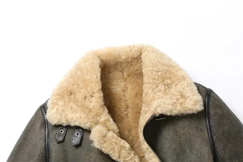 Leather flight jacket with thick beige shearling lining; warm genuine sheepskin for men