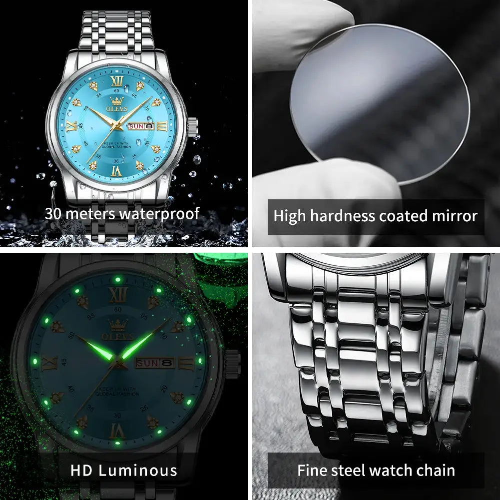 OLEVS 5513 men's quartz watch with blue dial and stainless steel band; day-date, Roman numerals, diamond markers.