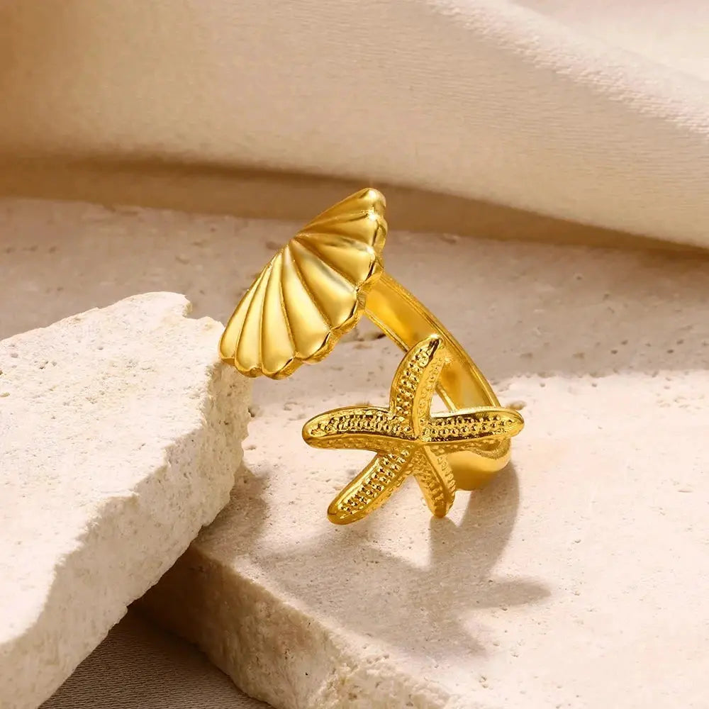 316L Stainless Steel Shell Rings For Women Adjustable Gold Color Little Star Open Rings Jewelry For Weddings Trendy