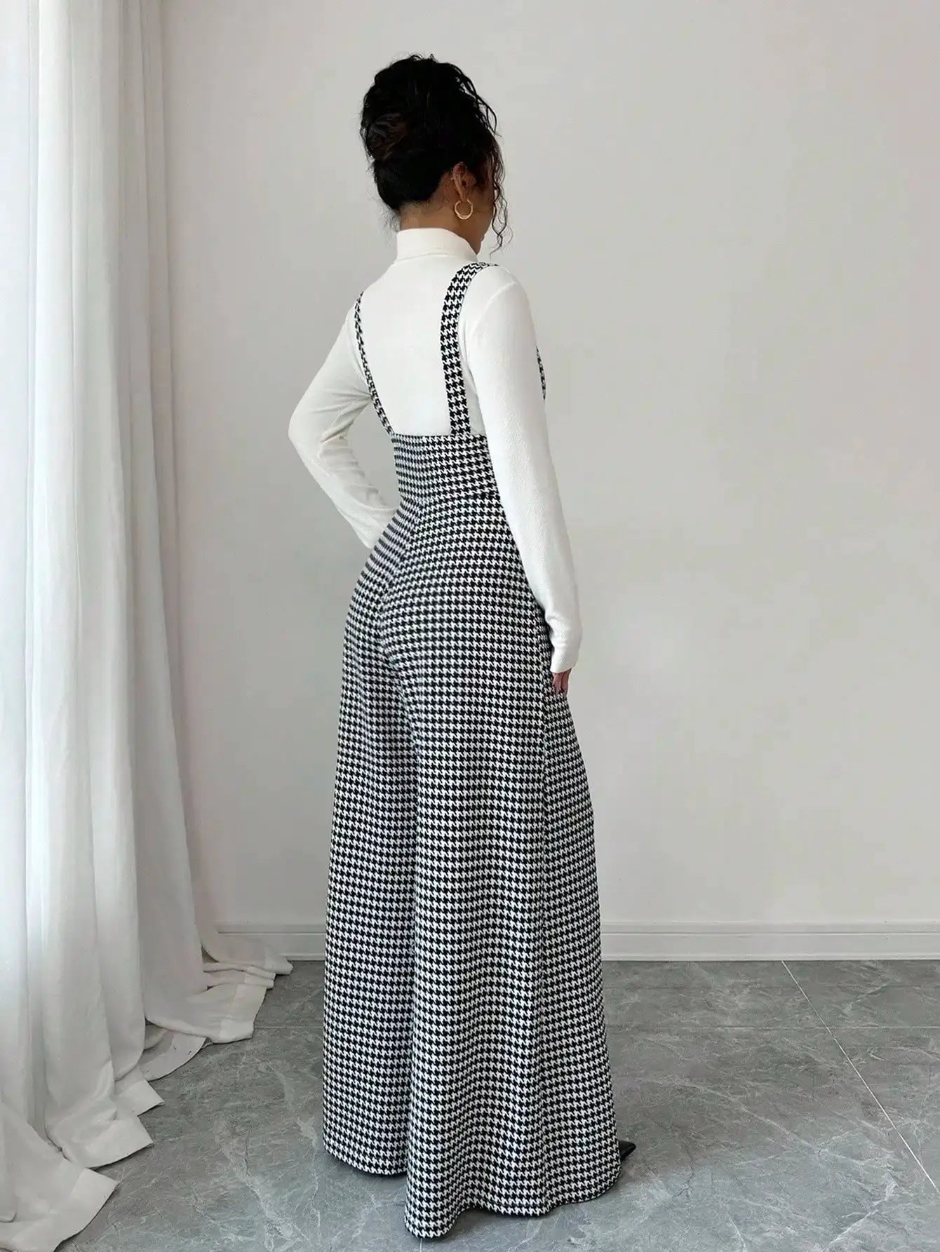 Women's black and white houndstooth wide-leg suspender overalls jumpsuit for office casual