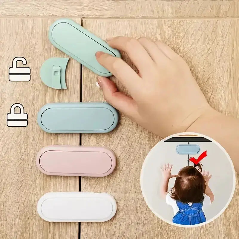 Pastel magnetic cabinet lock set; 4-piece child safety locks in mint, blue, pink, and white for drawers and fridge doors
