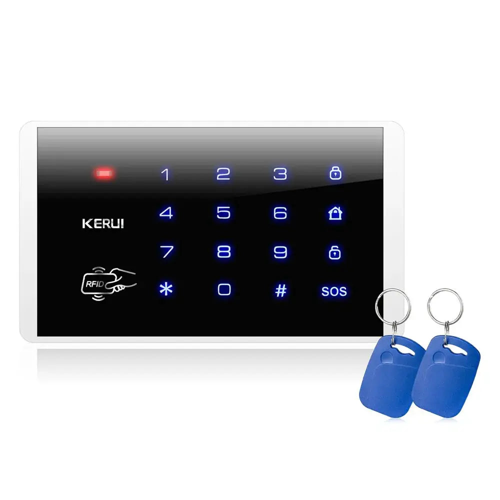 KERUI W184 alarm system keypad with blue backlit numbers and two blue key fobs