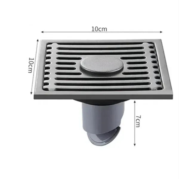 Stainless steel square floor drain with removable cover, anti-odor, 10 cm across for bathroom or laundry