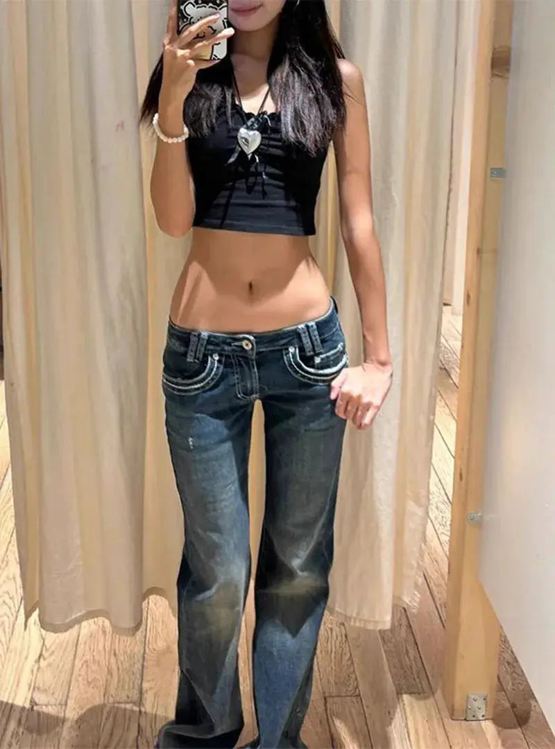 Vintage High Street Low Waist Jeans 2025 Wide Leg Y2K Denim Pants