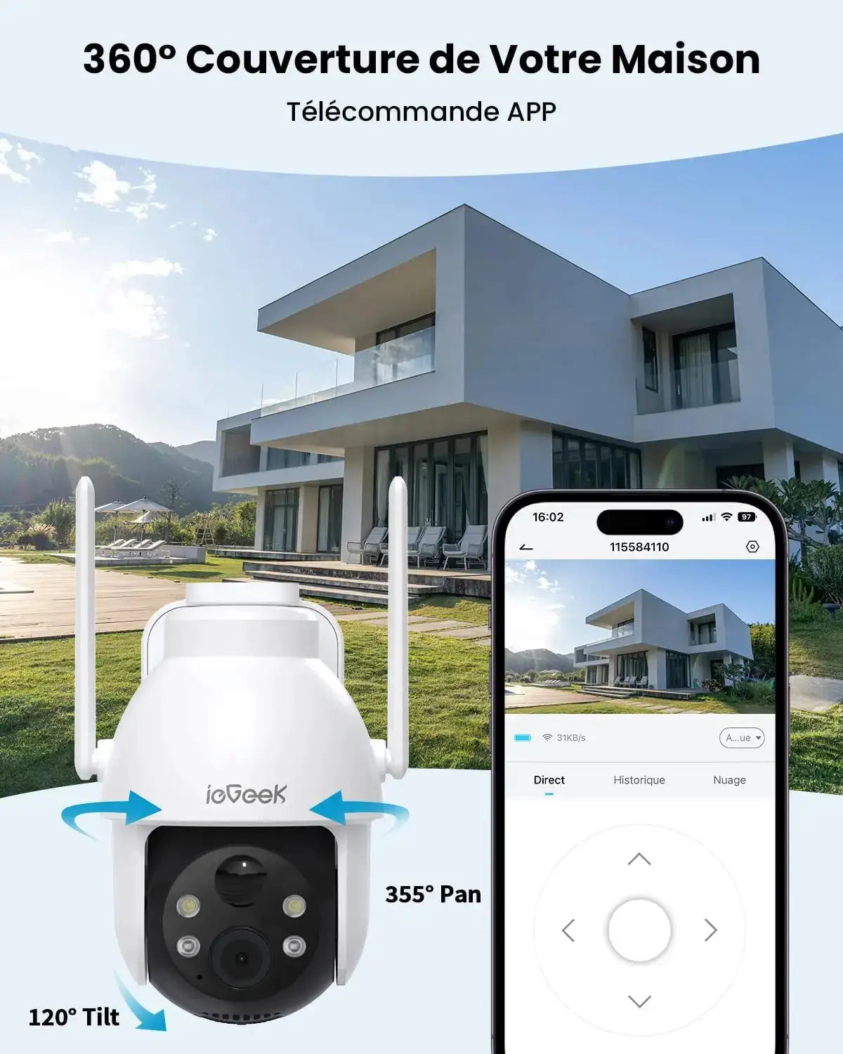 ieGeek 2K/3MP outdoor solar security camera with PIR sensor, 360° PTZ, white