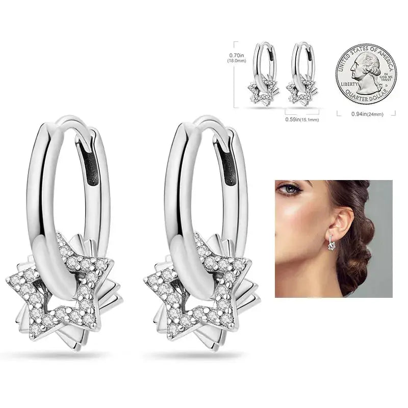 925 Silver Hoop Earrings For Women Zircon Heart Shape Star Eardrops Original Fashion Jewelry