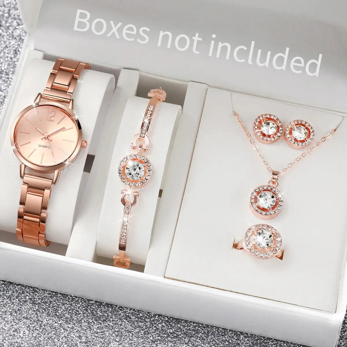6-piece rose gold women's quartz watch and jewelry set with stainless steel band; includes watch, bracelet, ring, necklace, and earrings