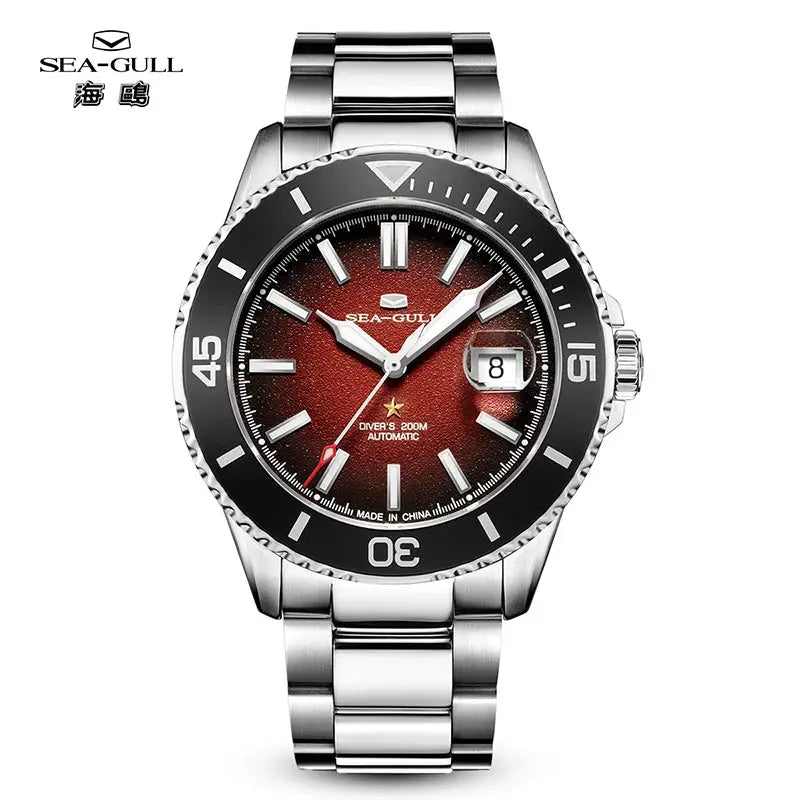 Sea-Gull men's diving watch with red dial and stainless steel bracelet, 200m water resistance