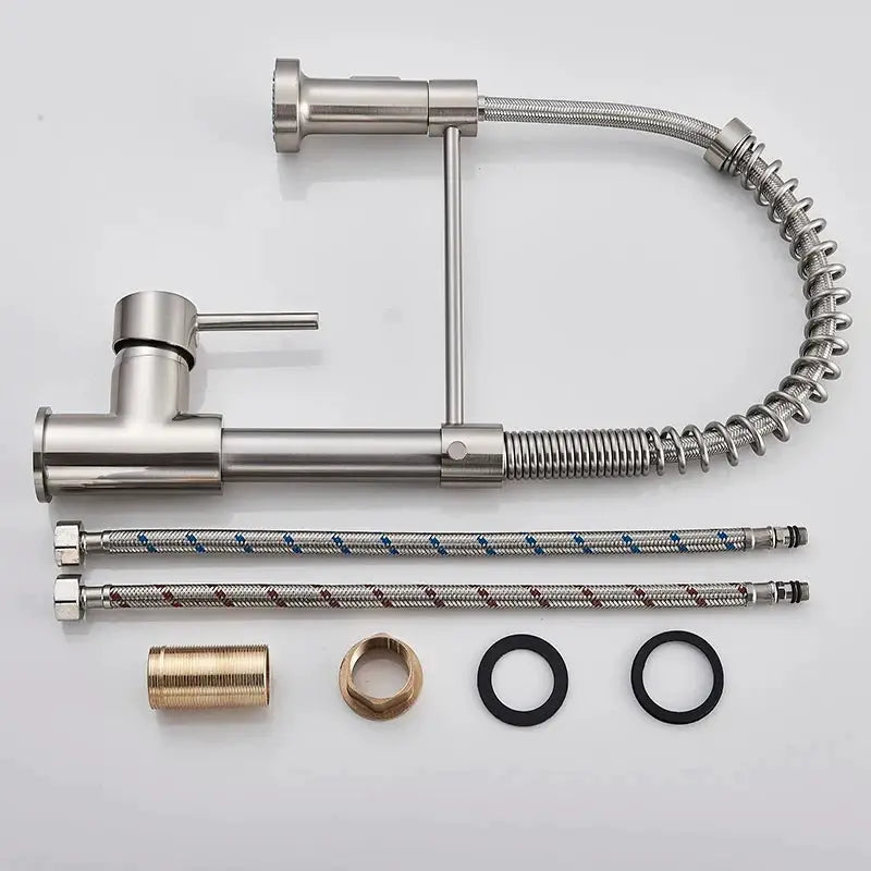 Simples Market spring brushed nickel kitchen faucet deck-mounted mixer, 360° rotation with hose and spray nozzle