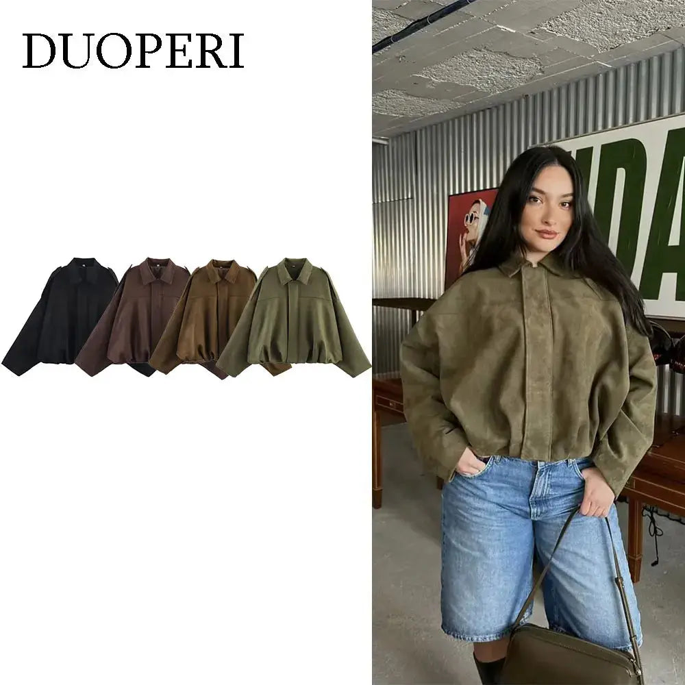Duoperi Womens 2025 Solid Bomber Jacket Lapel Collar Long Sleeves Casual Chic Elegance For Autumn Winter