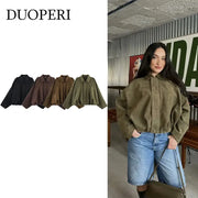 Duoperi Womens 2025 Solid Bomber Jacket Lapel Collar Long Sleeves Casual Chic Elegance For Autumn Winter