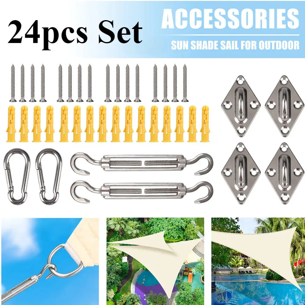 Simples Market 24pc outdoor triangle sun shade sail hardware kit with screws, yellow anchors, hooks and plates