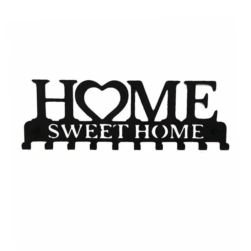 Metal wall hook key holder with HOME SWEET HOME cutout, featuring a heart-shaped O, black iron decor.