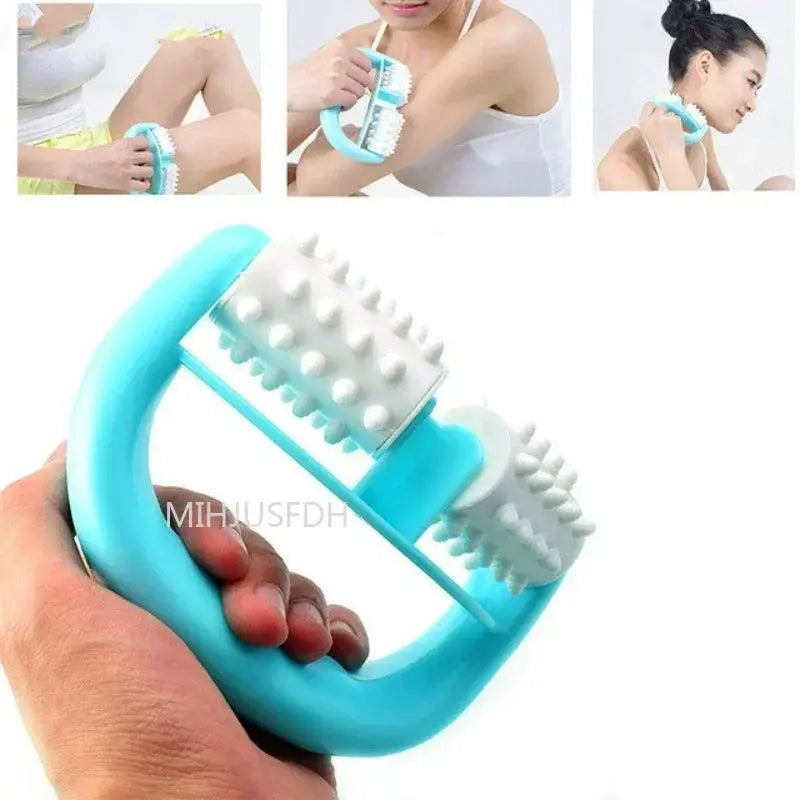 Anti cellulite roller massager handheld in turquoise with white spiked rollers