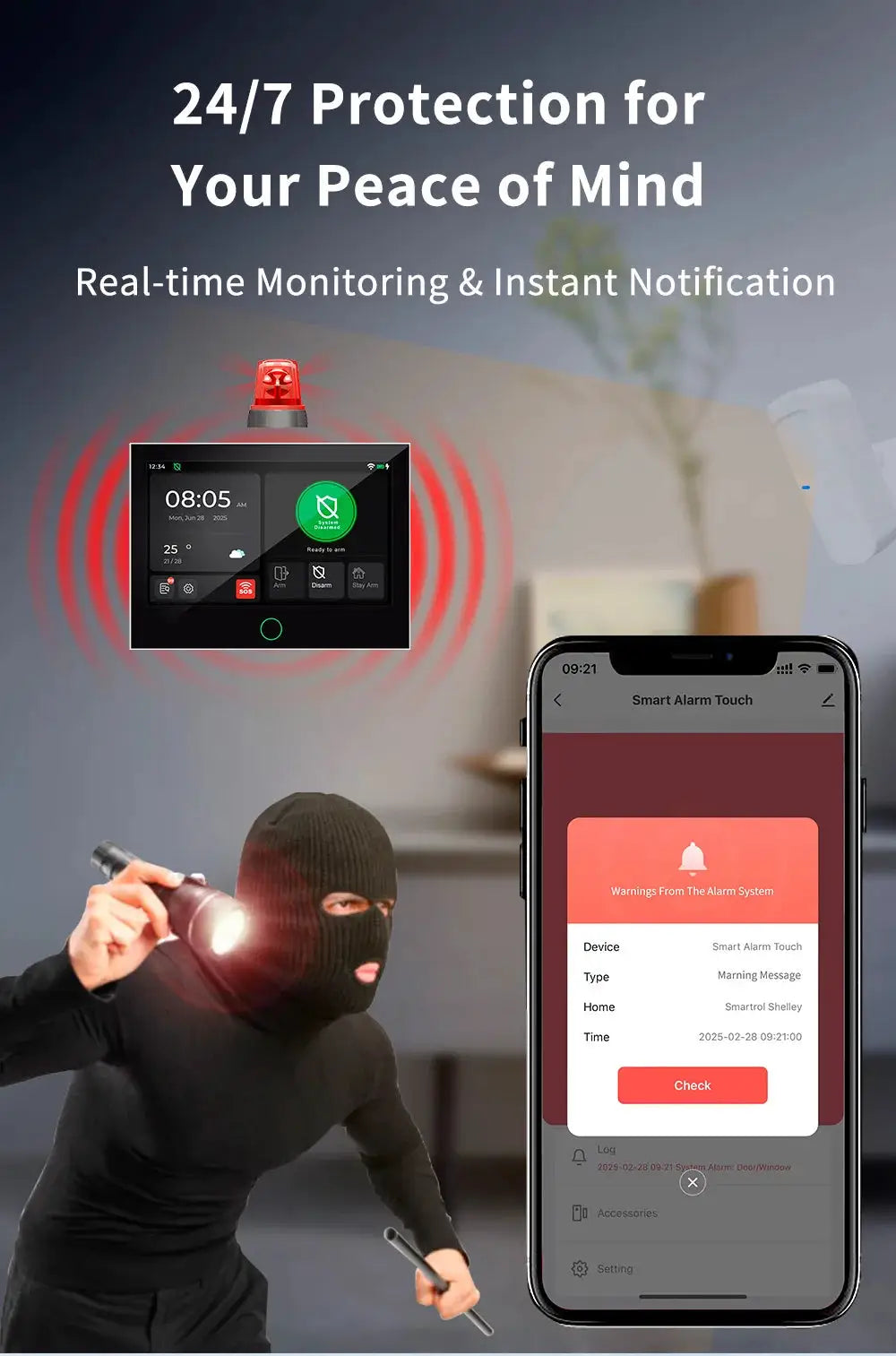 KERUI 4G/WiFi GSM home alarm with 7-inch IPS touchscreen panel; burglar scene with red siren.