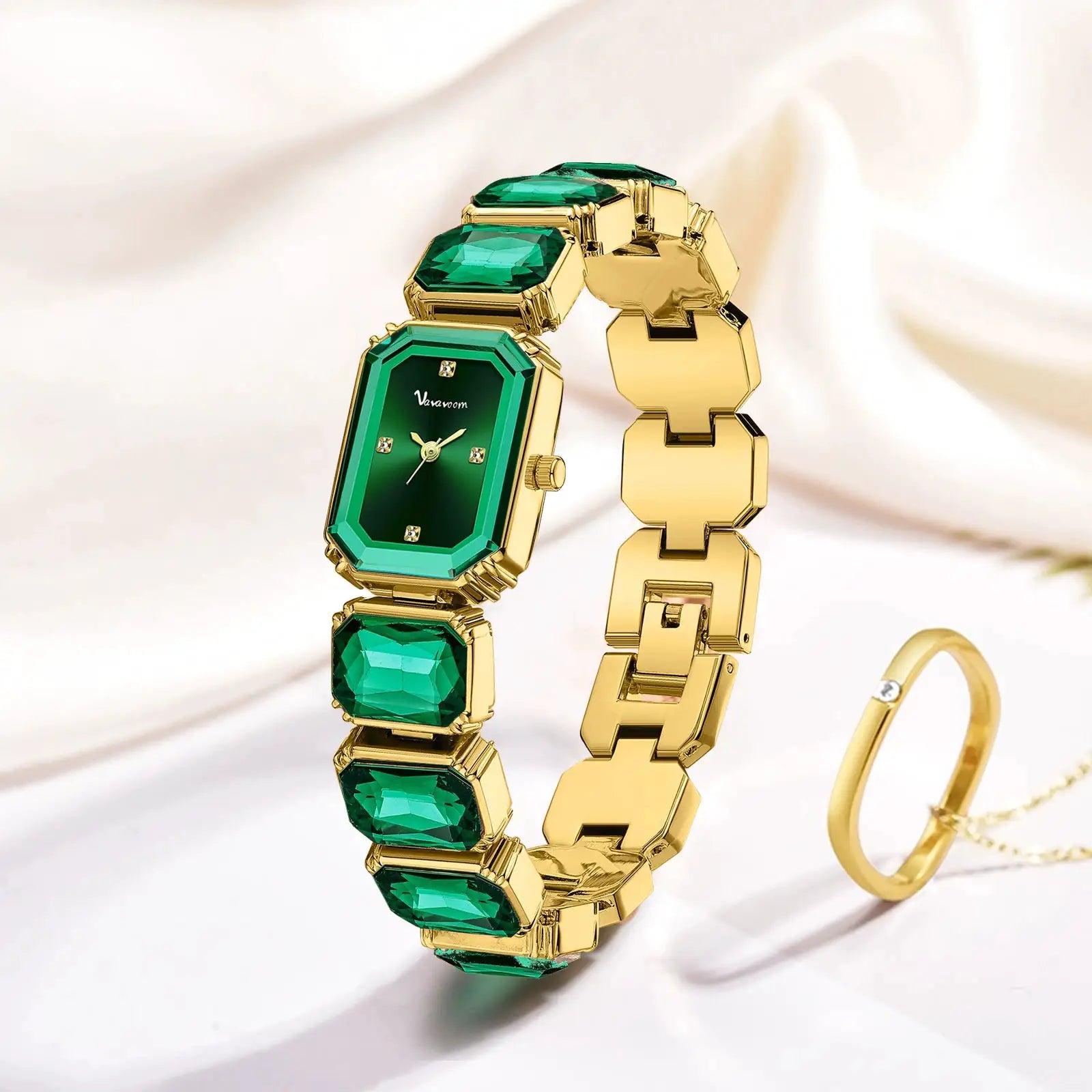 Women square watch gold-tone bracelet with emerald-green stones, quartz movement
