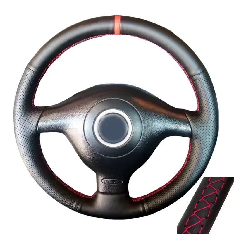 Steering wheel cover, black leather with red braided stitching