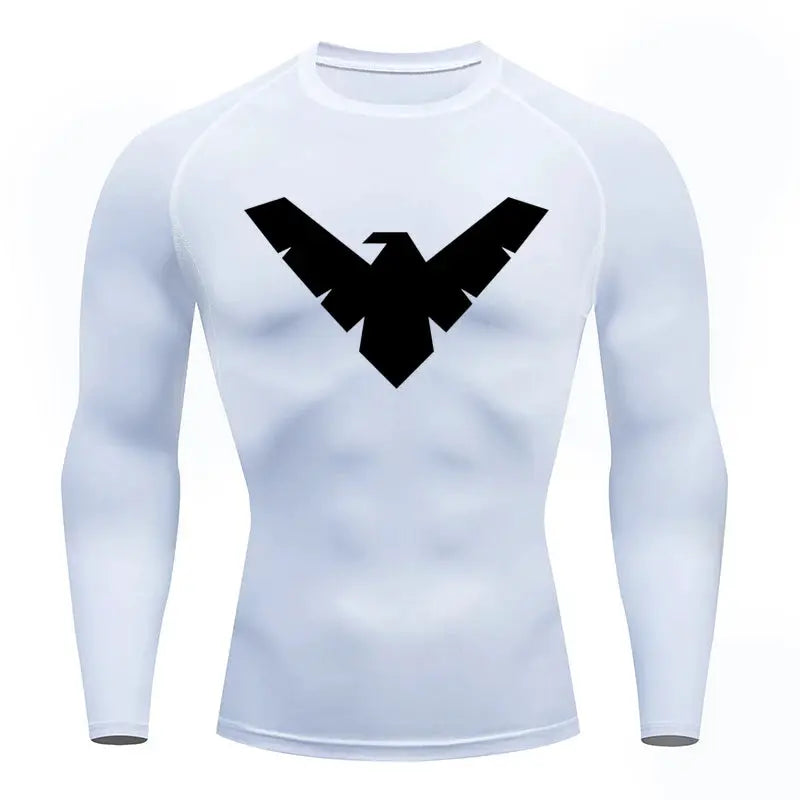 Men's white long-sleeve compression shirt with black chest logo