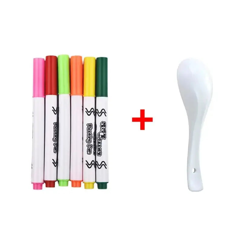 Magical water painting pens set with six colored whiteboard markers and a white spoon tool