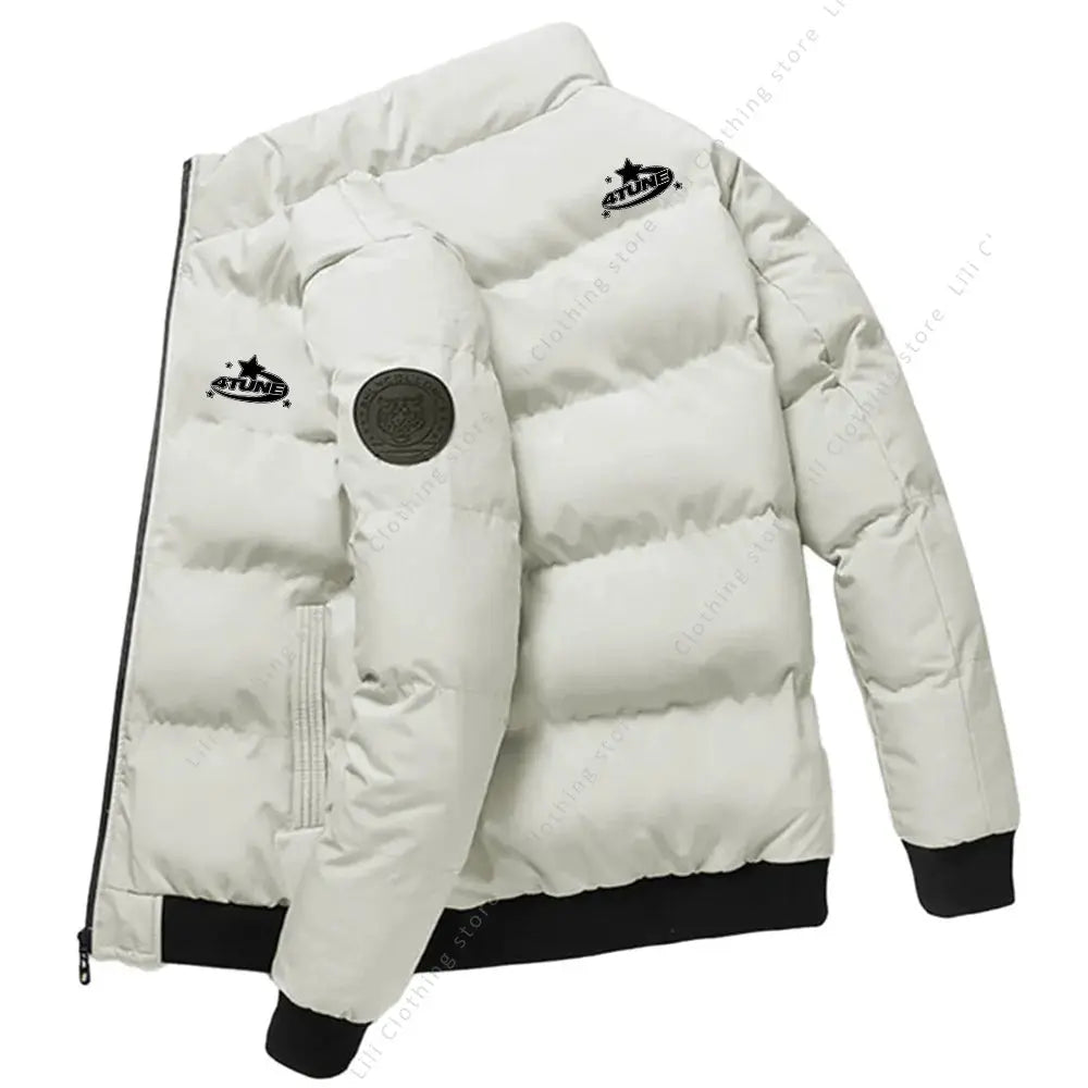 Men's white down puffer jacket by Simples Market, thick warm winter coat with black cuffs and hem.