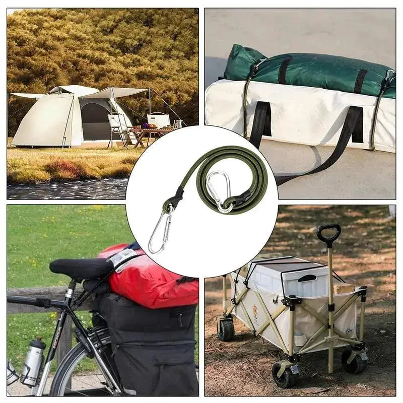 Heavy duty bungee cord with carabiner by Simples Market; green elastic strap in a five-item camping gear collage