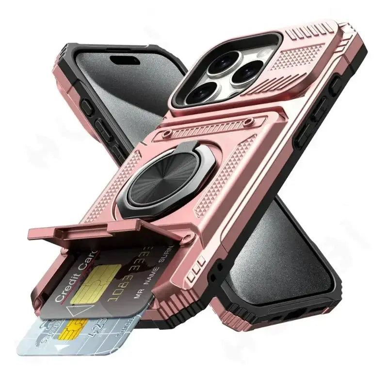 ShieldTech Pro Wallet Case For iPhone 7 To 16 Pro Max Magnetic Ring Kickstand And Card Slots Heavy Duty Drop Guard