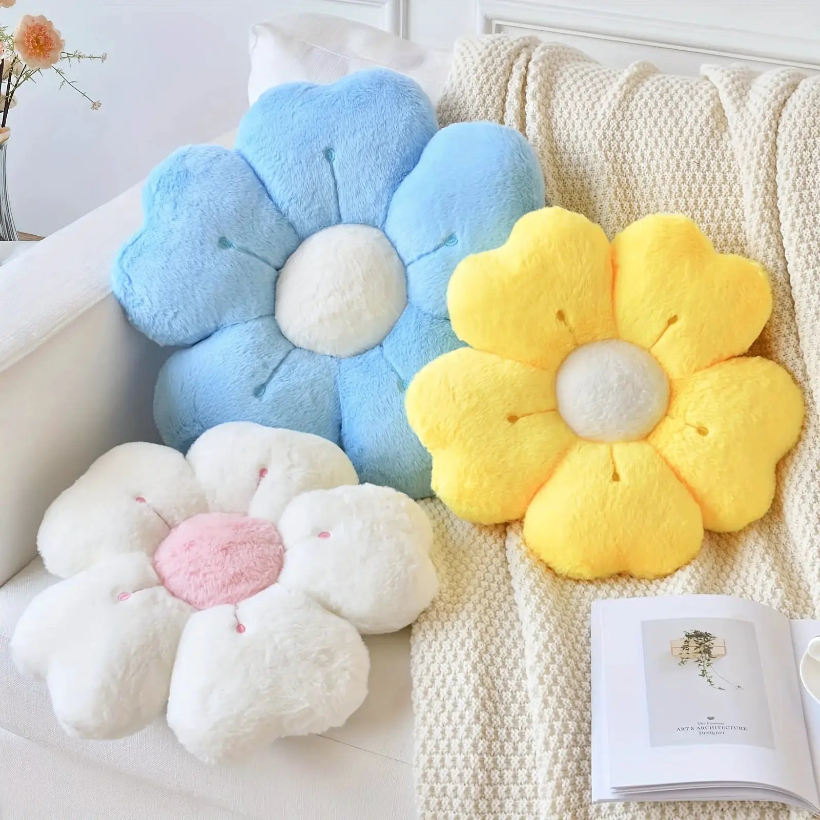 Flower-shaped plush throw pillow set of three by Simples Market in blue, yellow, and white blooms