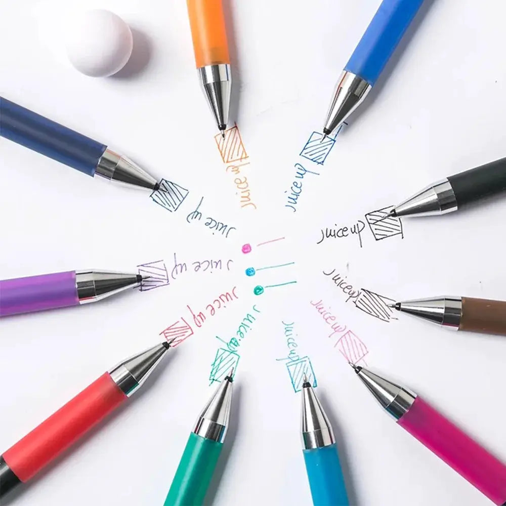 Pilot Juice Up gel pens 0.4mm in assorted colors arranged in a circle on white paper