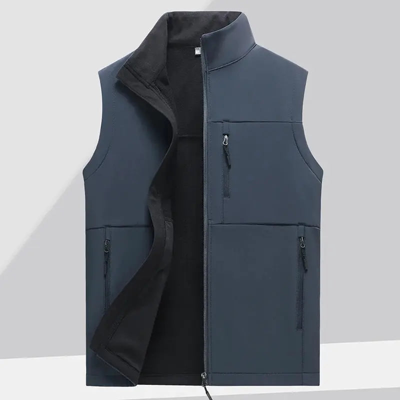 Simples Market navy blue soft-shell vest for men; fleece-lined, waterproof windproof sleeveless jacket with zip pockets