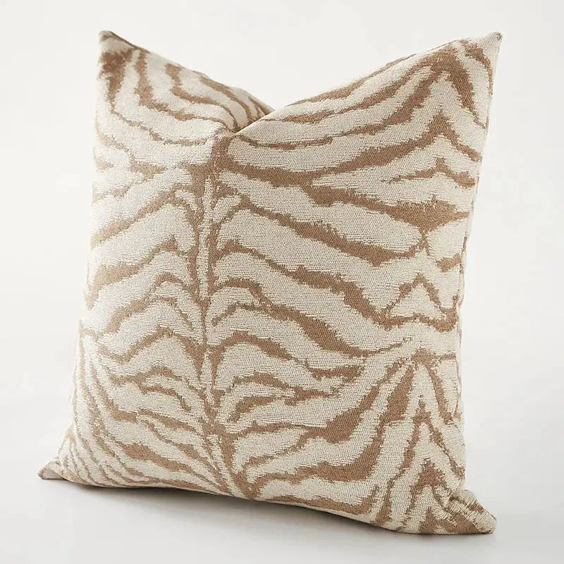 Zebra print jacquard pillow cover in khaki brown on cream, decorative cushion for sofa or chair.