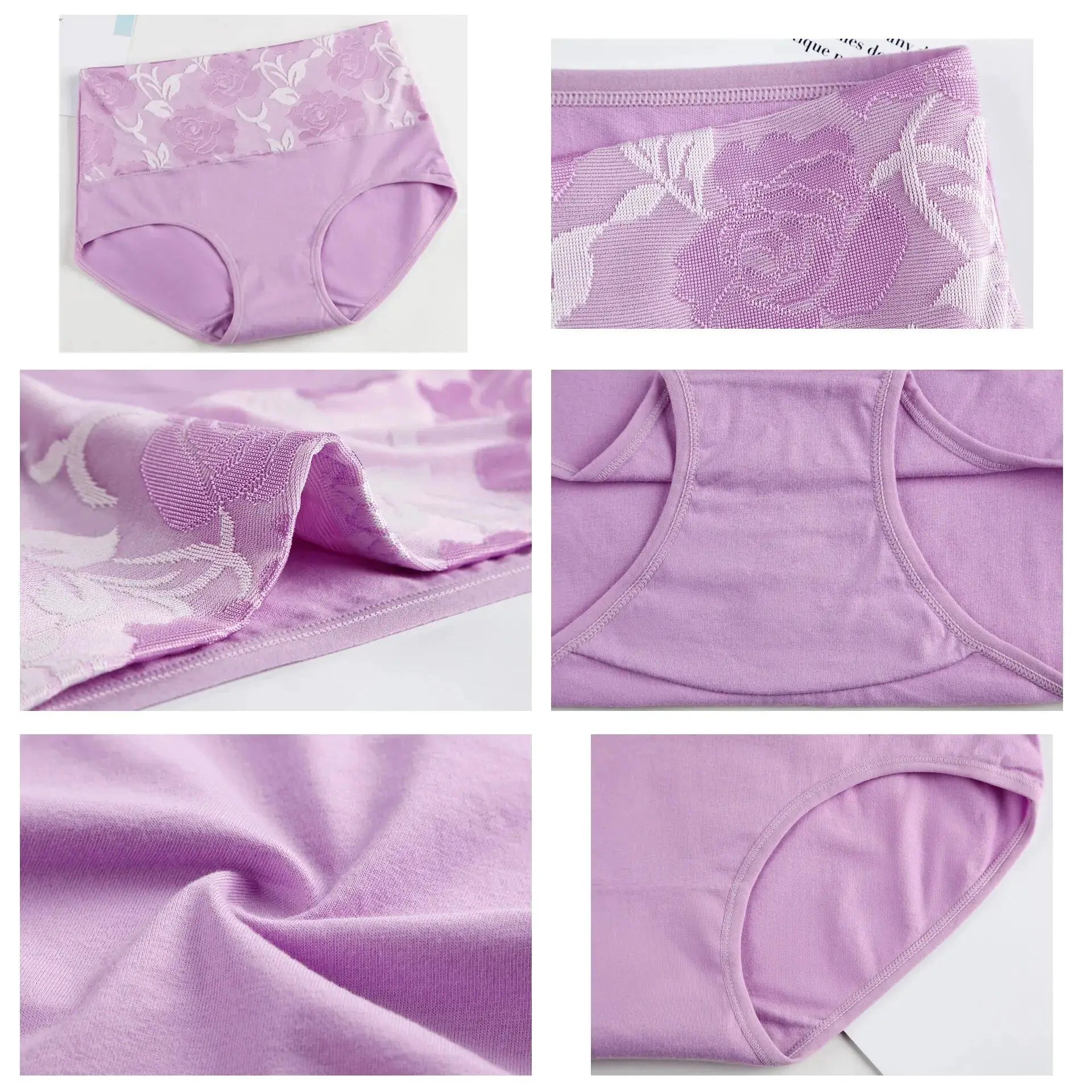 3-pack high-waist cotton panties for women, lavender with floral lace waistband, breathable plus-size underwear