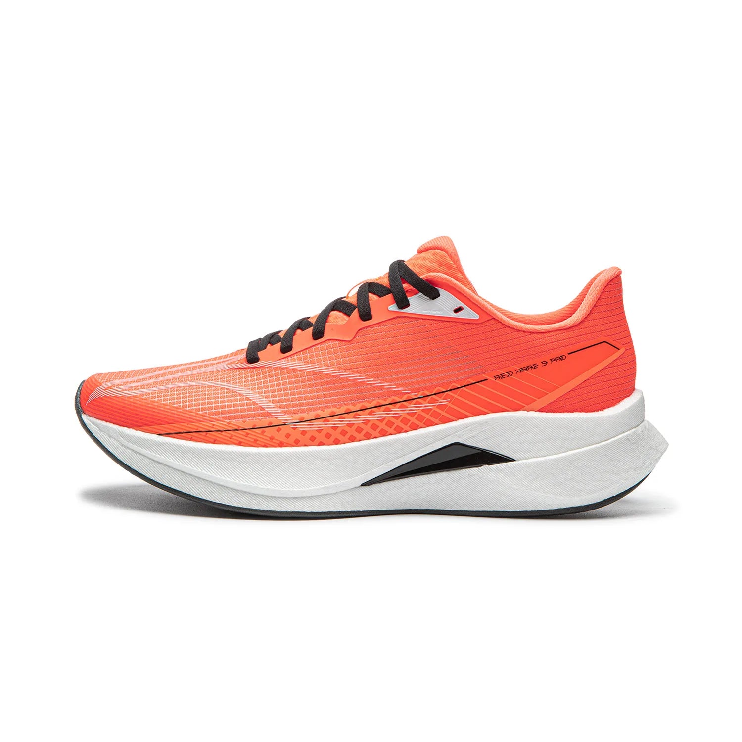 Li-Ning Red Hare 9 Pro racing running shoe in bright orange mesh with black laces and white midsole.
