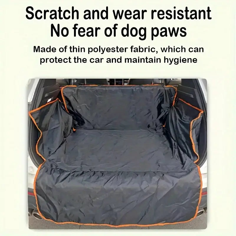 SUV trunk mat by Simples Market; waterproof, scratch-resistant, dirt-resistant backing, black with orange trim
