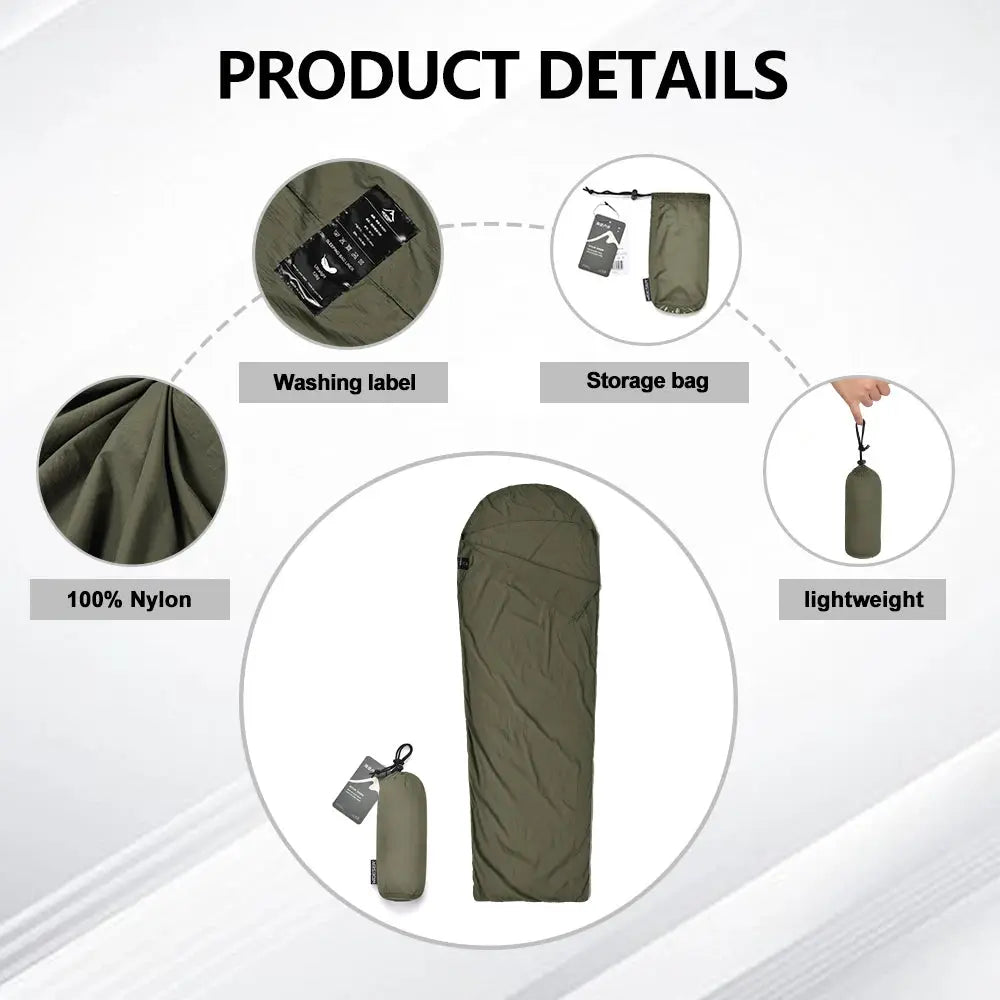 Sleeping bag liner by Simples Market, olive green ultralight nylon mummy style with storage bag, 2-piece set
