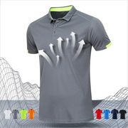 Simples Market quick-dry short-sleeve polo shirt in gray with neon lime trim; breathable golf jersey, 8-color options.