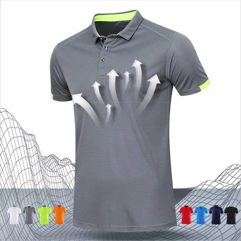 Simples Market quick-dry short-sleeve polo shirt in gray with neon lime trim; breathable golf jersey, 8-color options.
