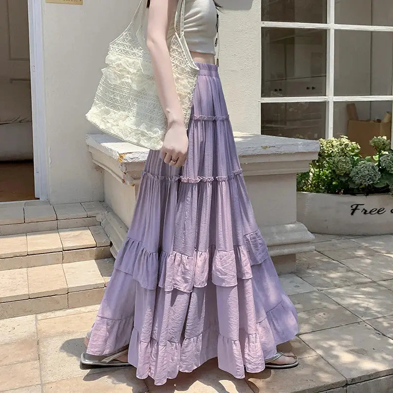 Simples Market lavender tiered ruffle-hem maxi skirt, high-waist, flowy A-line