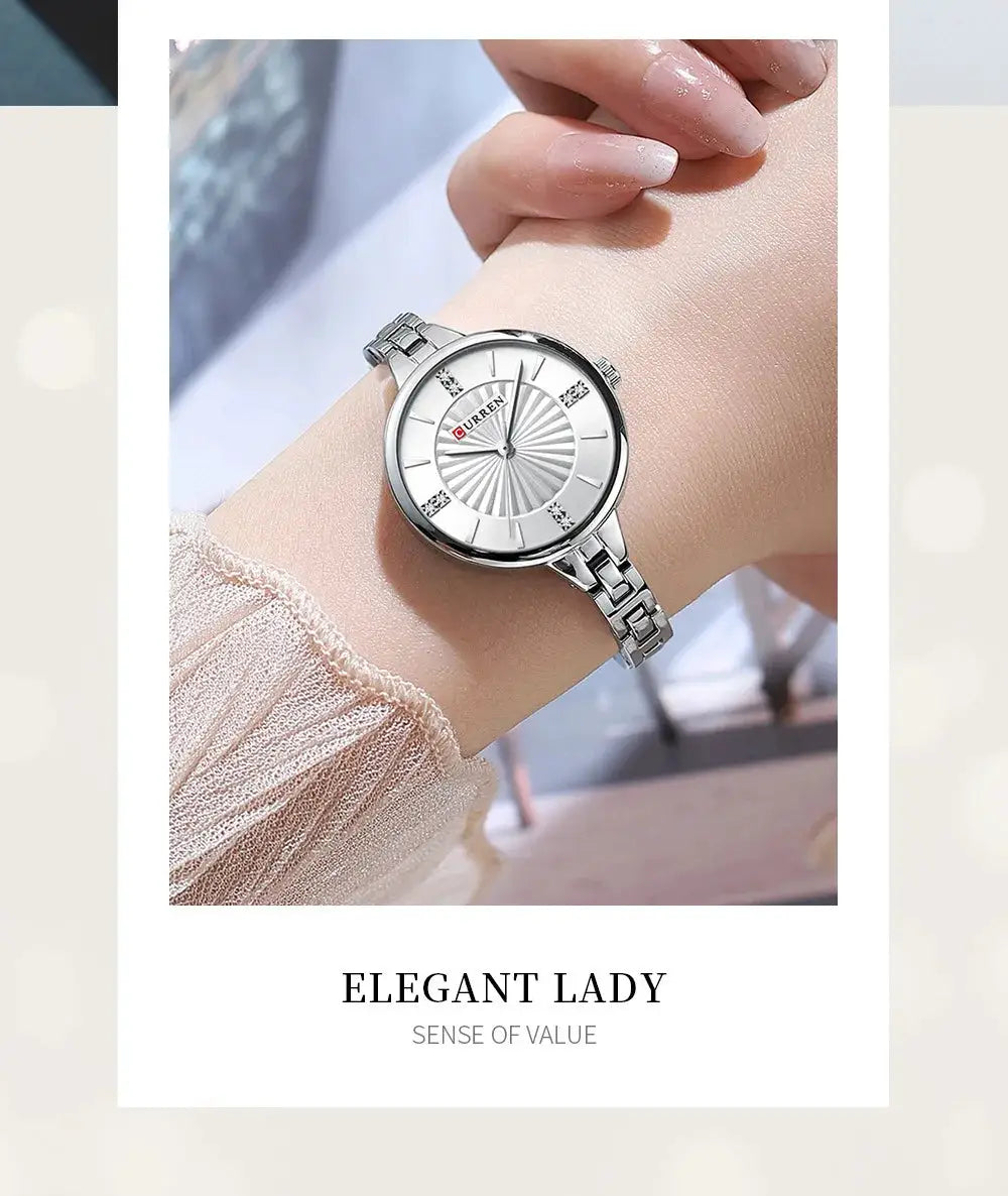CURREN women's stainless steel watch with silver dial and bracelet, elegant casual style.