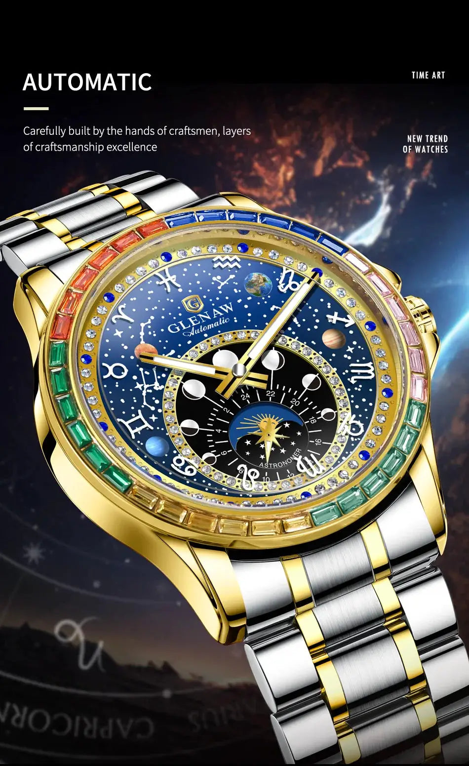 GLENAW Rainbow Circle automatic watch for men, rainbow bezel, blue constellation dial, two-tone bracelet.