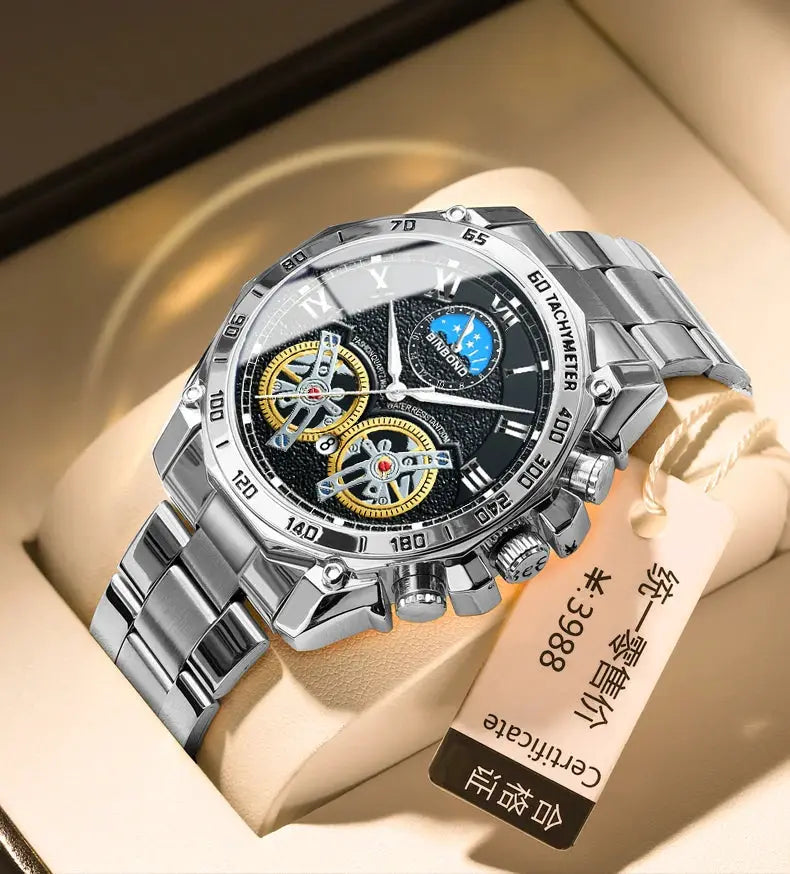 BINBOND luxury men's quartz watch with skeleton dial, stainless steel bracelet and tachymeter bezel.