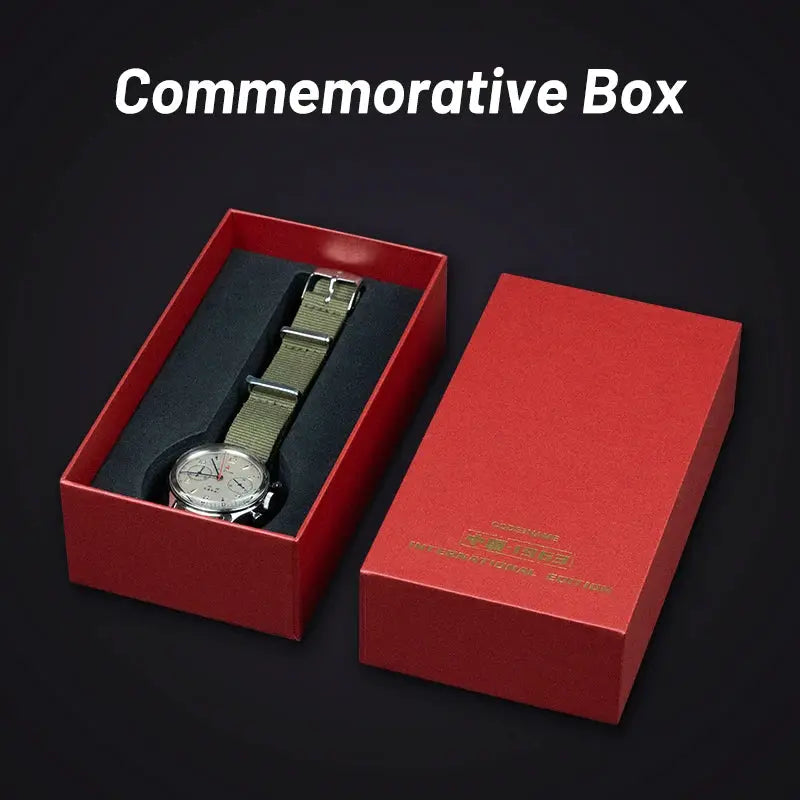 Men's mechanical wristwatch with olive NATO strap in a red commemorative box