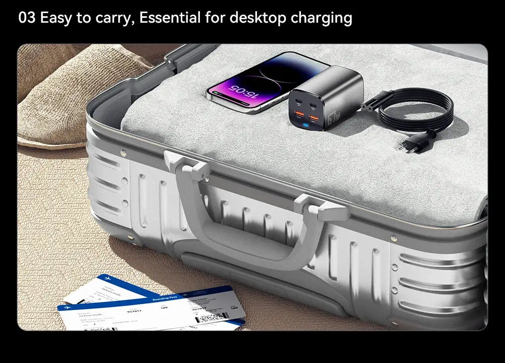 Essager 67W USB-C GaN charger with multiple ports on a silver travel case beside a phone and USB cable