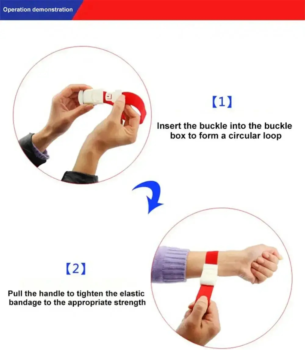 Emergency lock tourniquet by Simples Market with red elastic strap and white buckle for first aid.